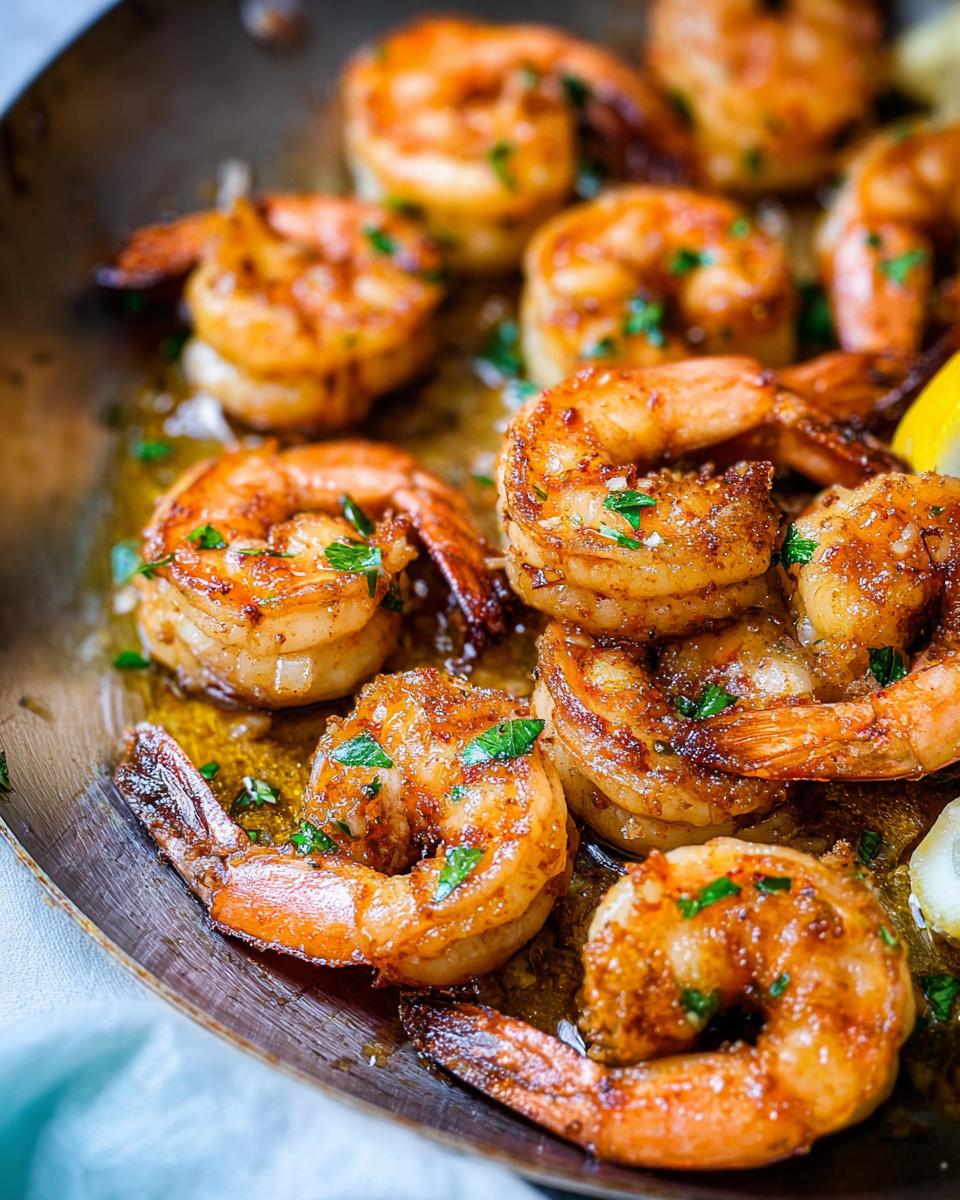 Close-up of perfectly pan-seared shrimp in a skillet, seasoned and garnished with parsley. A beginner-friendly shrimp recipe.