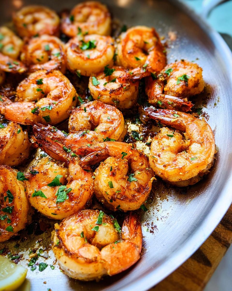 Close-up of perfectly pan-seared shrimp, seasoned and garnished with parsley, ready to be served as part of shrimp recipes for beginners.