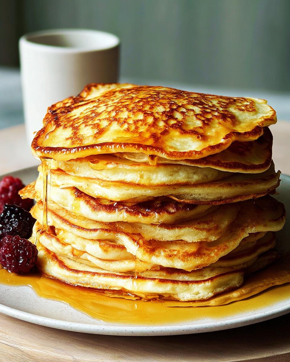 Stack of fluffy pancakes drizzled with syrup, served with berries. A great breakfast idea for beginners.