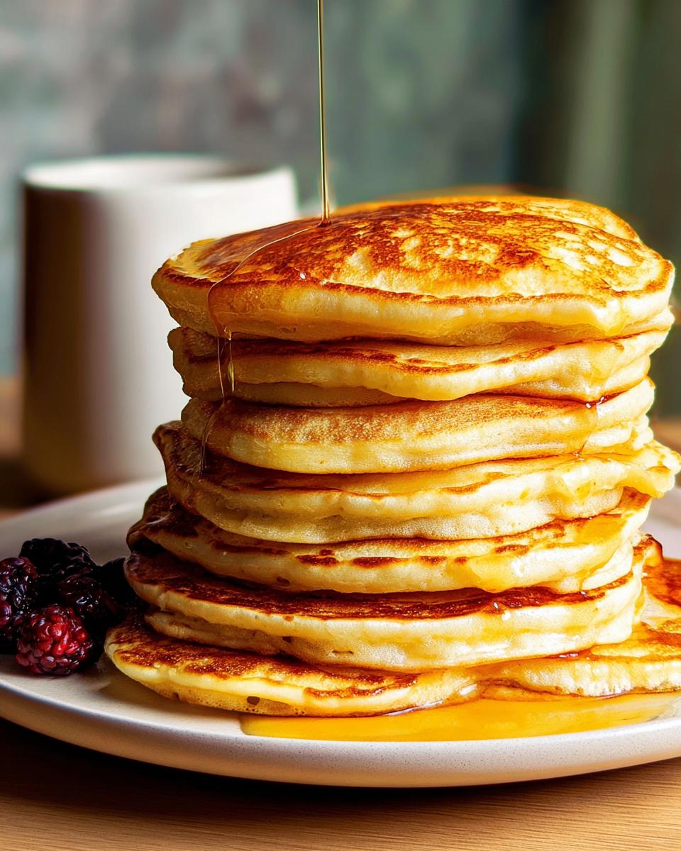 Stack of fluffy pancakes with syrup being poured on top, a classic breakfast idea for beginners.
