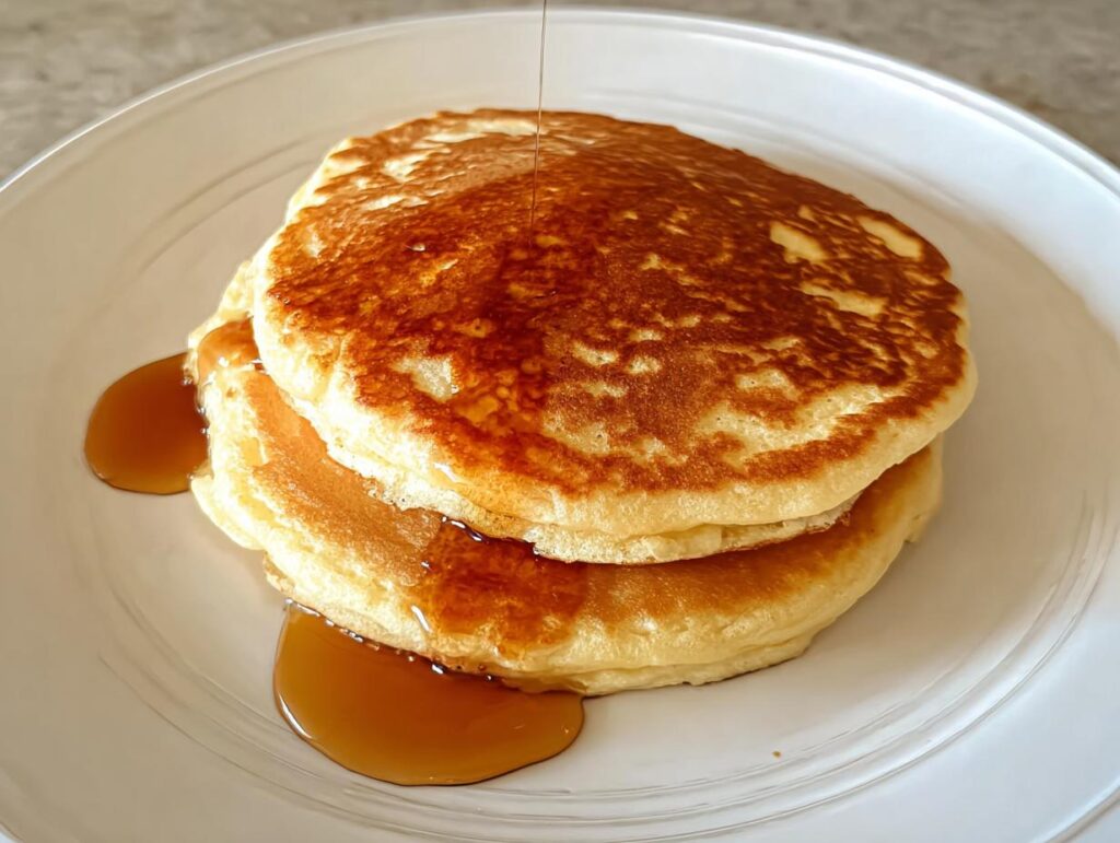 A stack of fluffy pancakes drizzled with syrup, perfect for breakfast ideas recipes.
