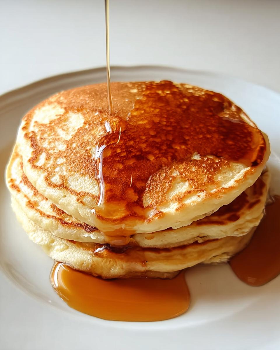 A stack of fluffy pancakes being drizzled with syrup, a perfect breakfast idea recipe.