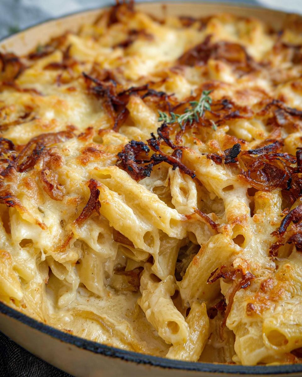 Close-up of a creamy, cheesy pasta bake with crispy fried onions and a sprig of thyme.