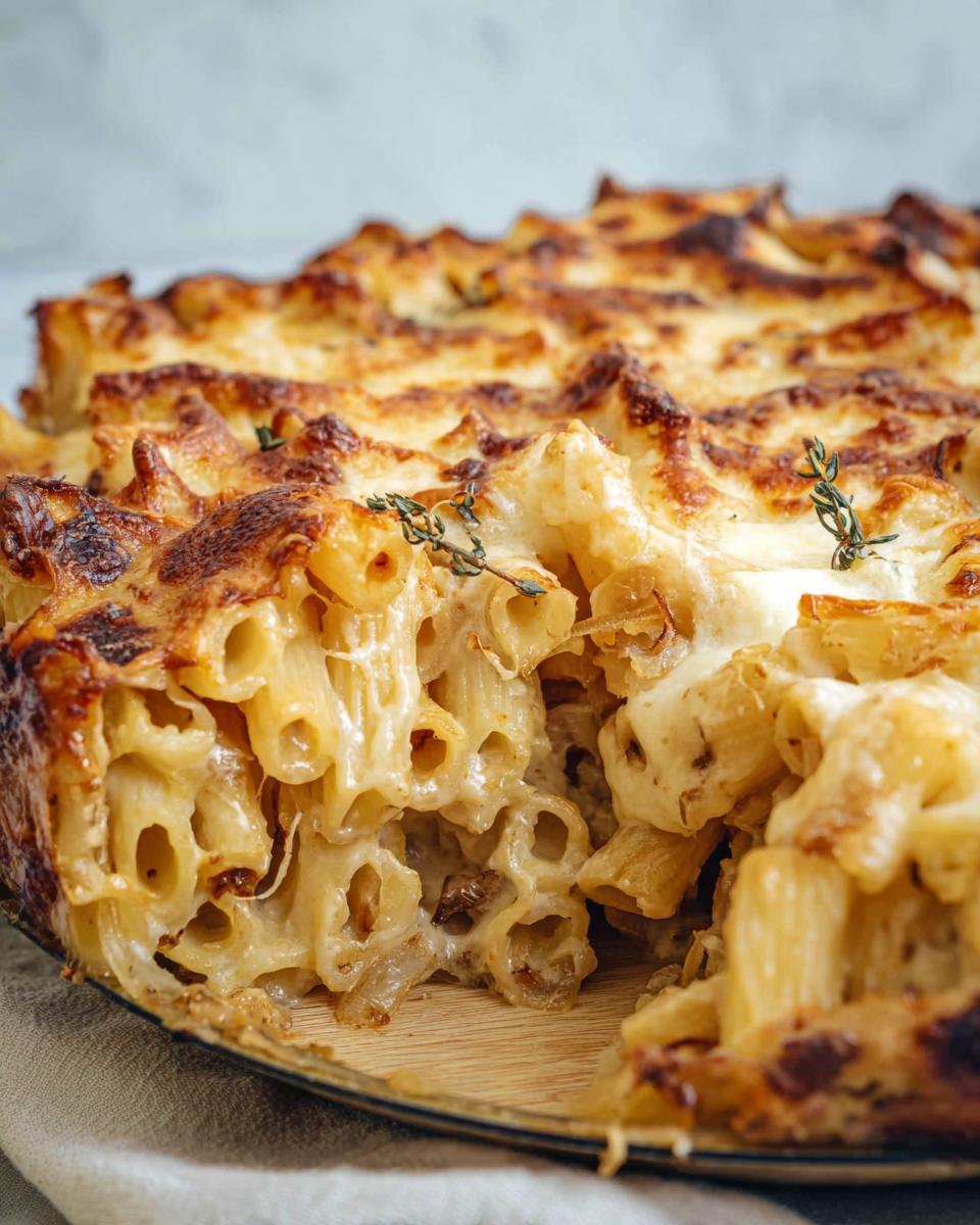 Close-up of a delicious pasta bake with melted cheese and herbs, a perfect pasta recipe.