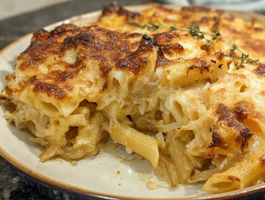 A close-up of a delicious pasta bake with golden-brown cheese topping and fresh herbs.