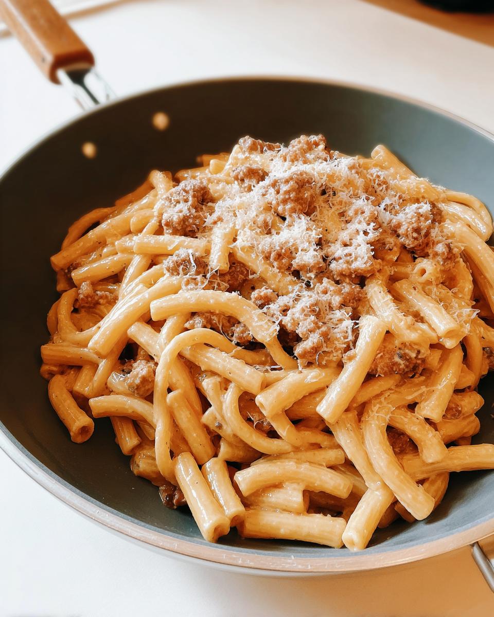 A close-up of a pan filled with pasta and meat sauce, topped with grated cheese. One of 20 Genius Pasta Recipes.