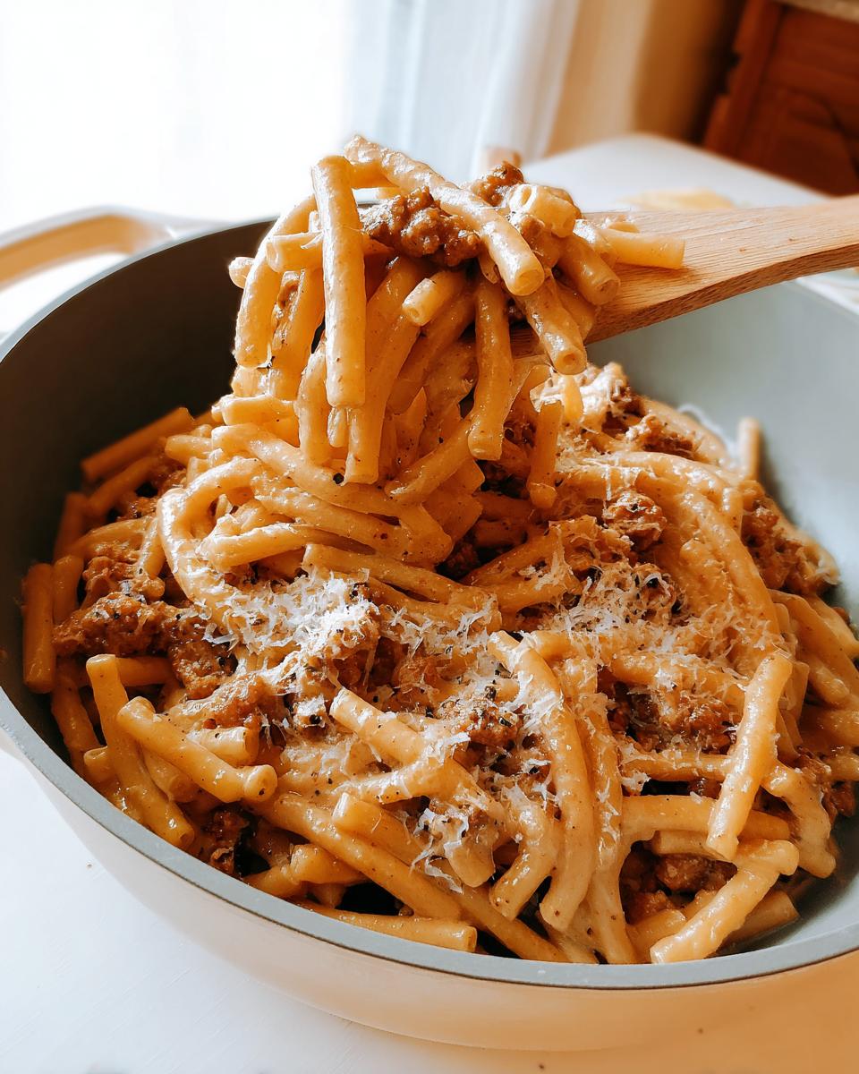 A wooden spoon scooping up a generous portion of pasta with meat sauce and grated cheese, part of 20 Genius Pasta Recipes.