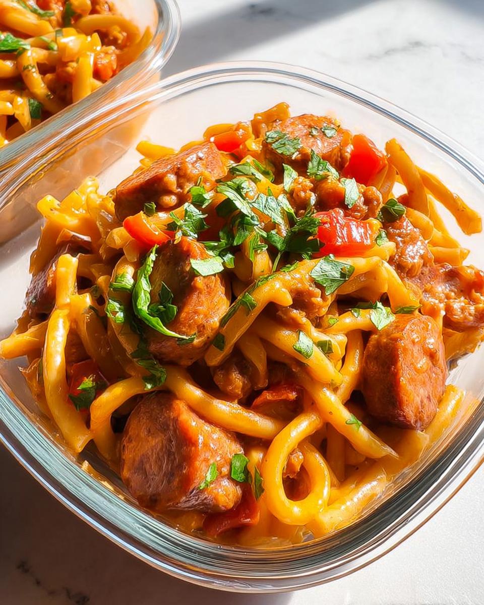 Close-up of a glass meal prep container filled with pasta, sausage, and red peppers, garnished with parsley. A perfect example of Pasta Recipes Meal Prep.