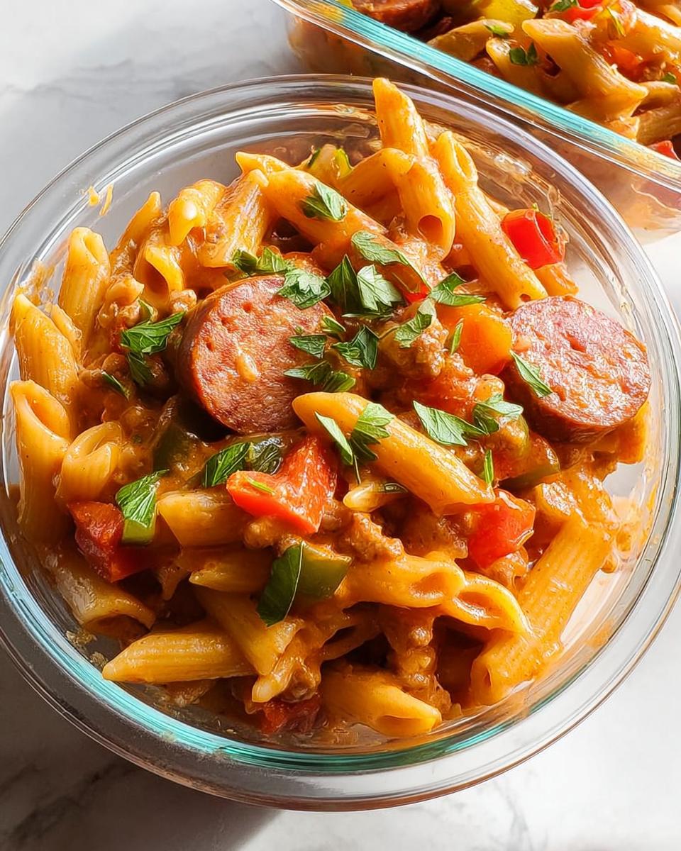Close-up of a glass container filled with penne pasta, sausage slices, bell peppers, and a creamy sauce, garnished with parsley. Ideal for pasta recipes meal prep.