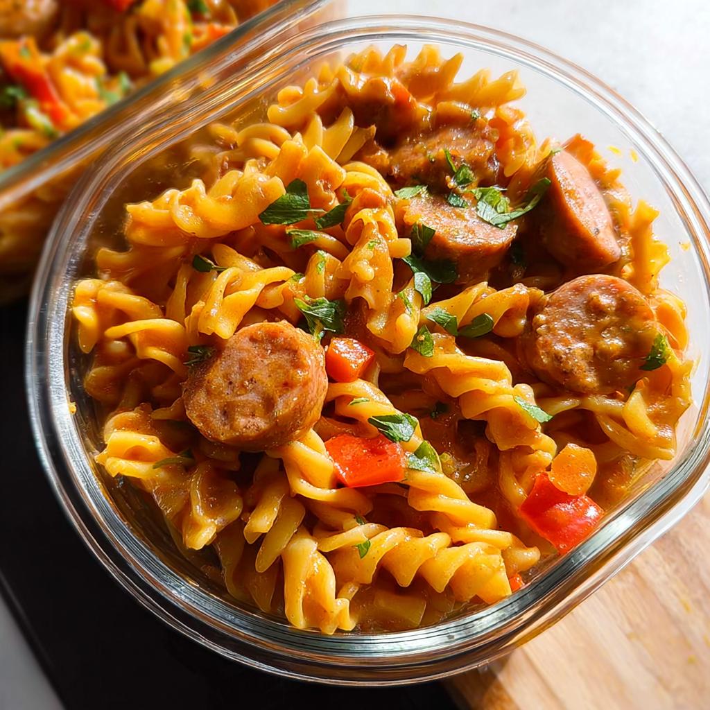Close-up of a glass container filled with fusilli pasta, sliced sausage, red bell peppers, and parsley, perfect for pasta recipes meal prep.
