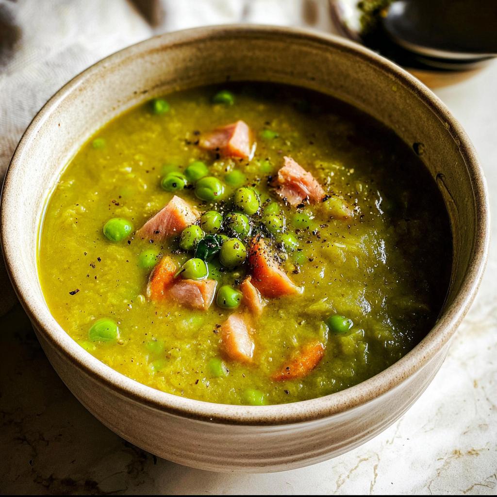 A bowl of vibrant green pea soup with chunks of ham and whole peas, seasoned with black pepper.