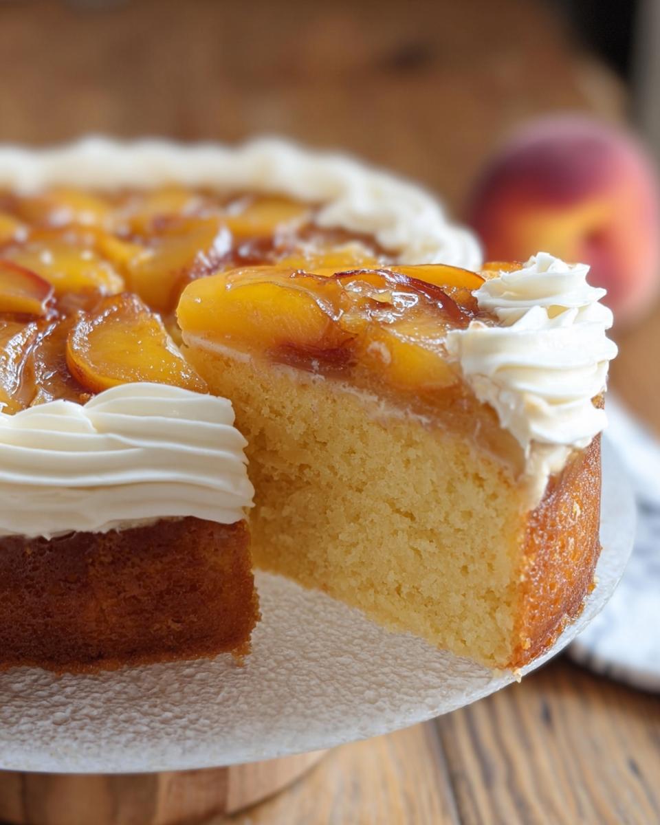 A slice of peach cake with whipped cream frosting, showcasing the moist cake and juicy peach topping. Part of cake ideas recipes.