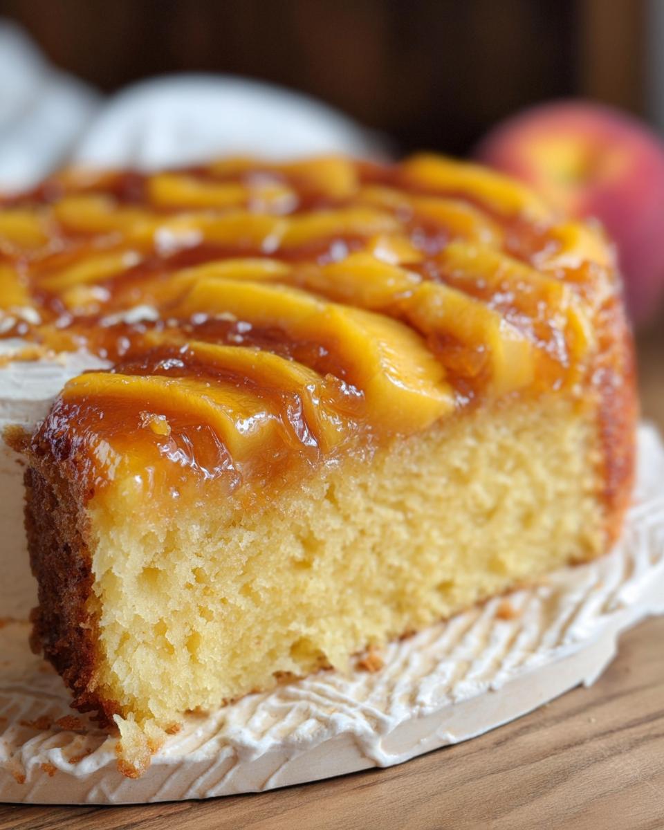 A slice of moist peach cake with a caramelized peach topping, perfect for beginner bakers.