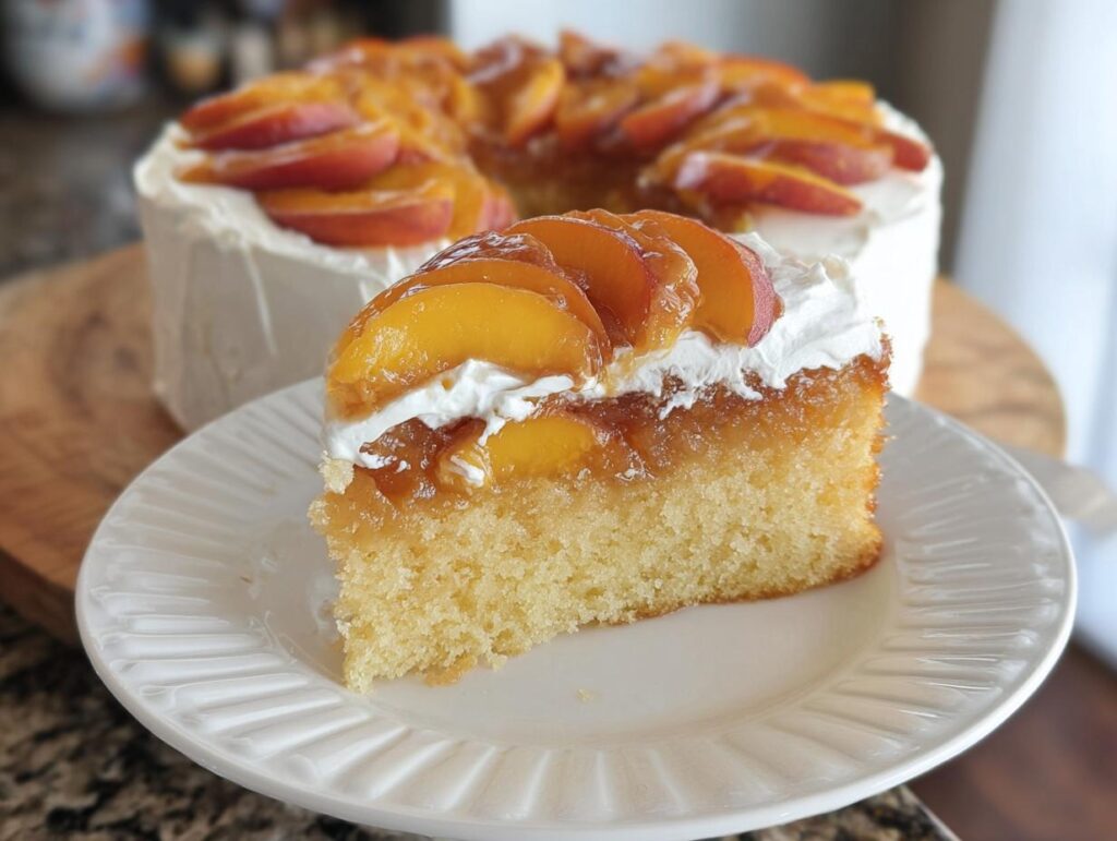 A slice of delicious peach cake with whipped cream and fresh peach slices on top, part of The Ultimate Cake Ideas Recipes Guide for Beginners.