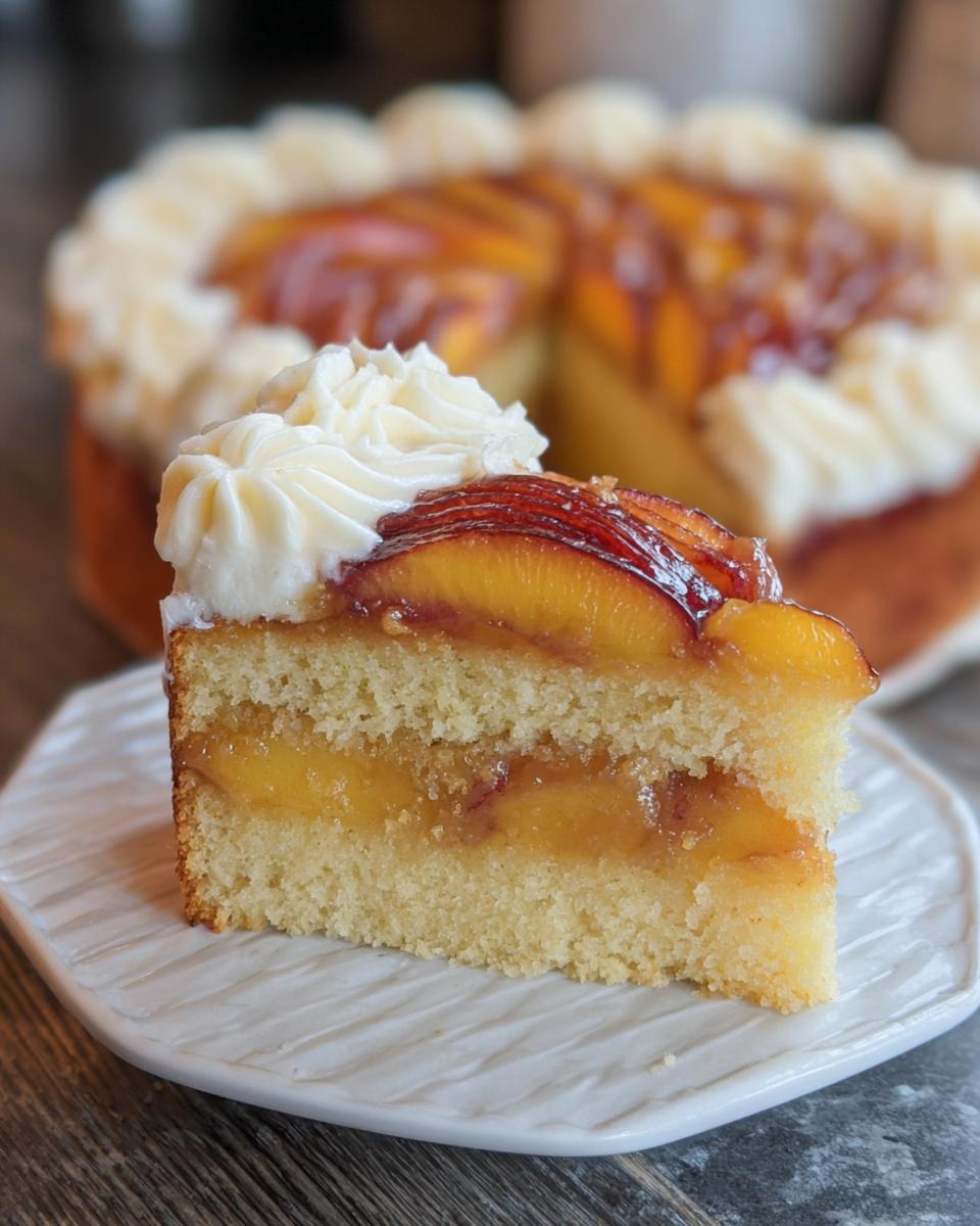 A slice of delicious peach cake with layers of sponge cake, peach filling, and whipped cream frosting, part of The Ultimate Cake Ideas Recipes Guide.