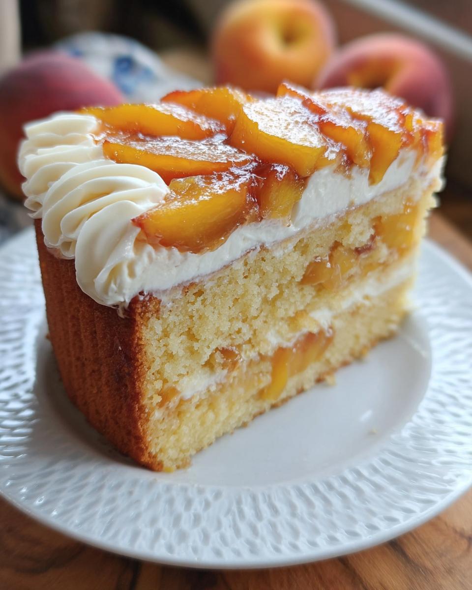 A slice of delicious peach cake with layers of sponge, cream, and fresh peaches, part of The Ultimate Cake Ideas Recipes Guide.