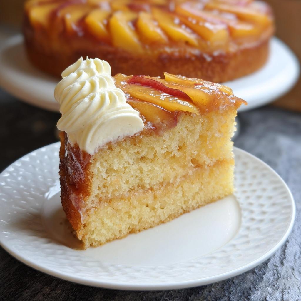 A slice of peach upside down cake topped with whipped cream and sliced peaches, part of The Ultimate Cake Ideas Recipes Guide for Beginners.