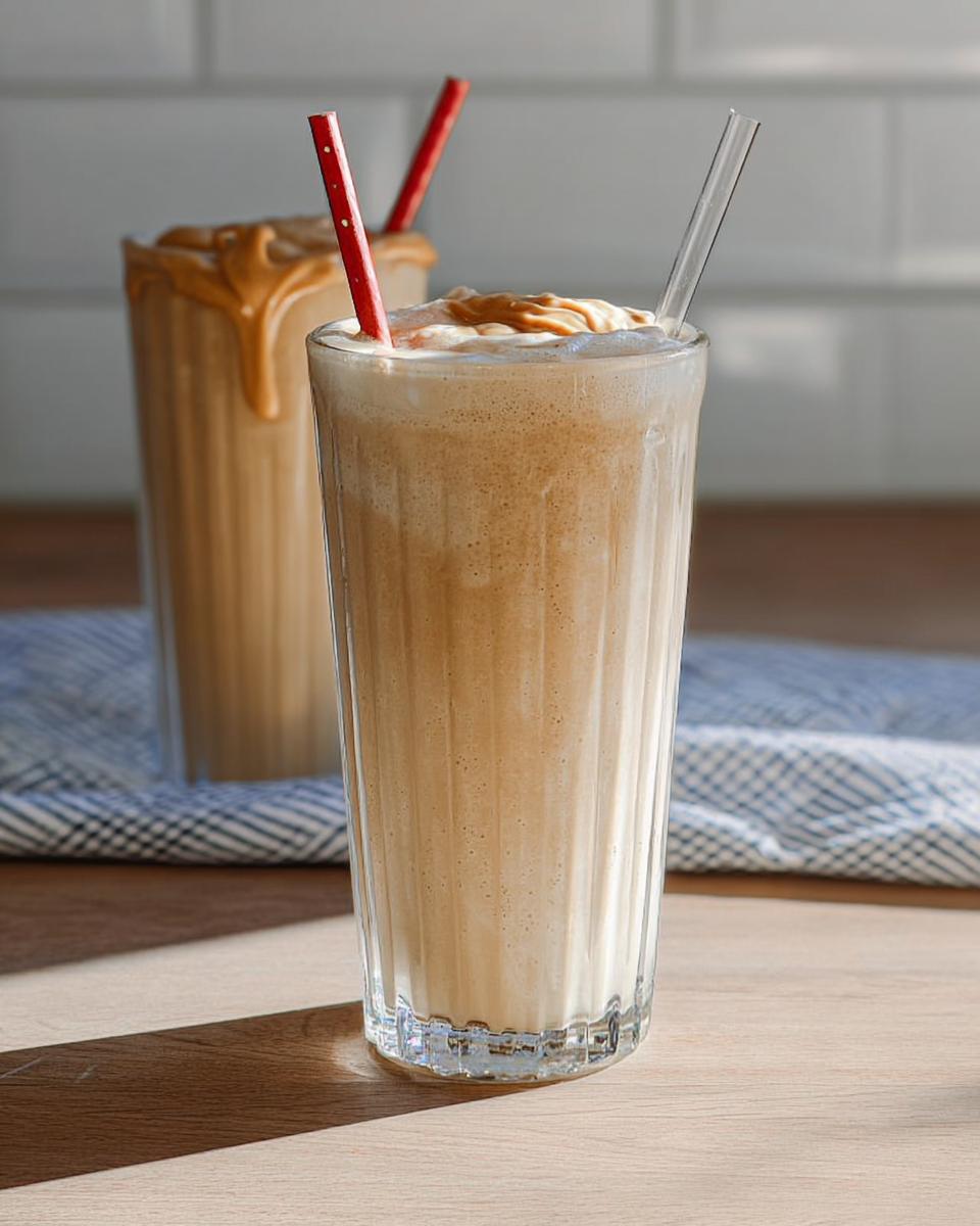 Two tall glasses of creamy peanut butter milkshake, one topped with a swirl of peanut butter and a red straw.