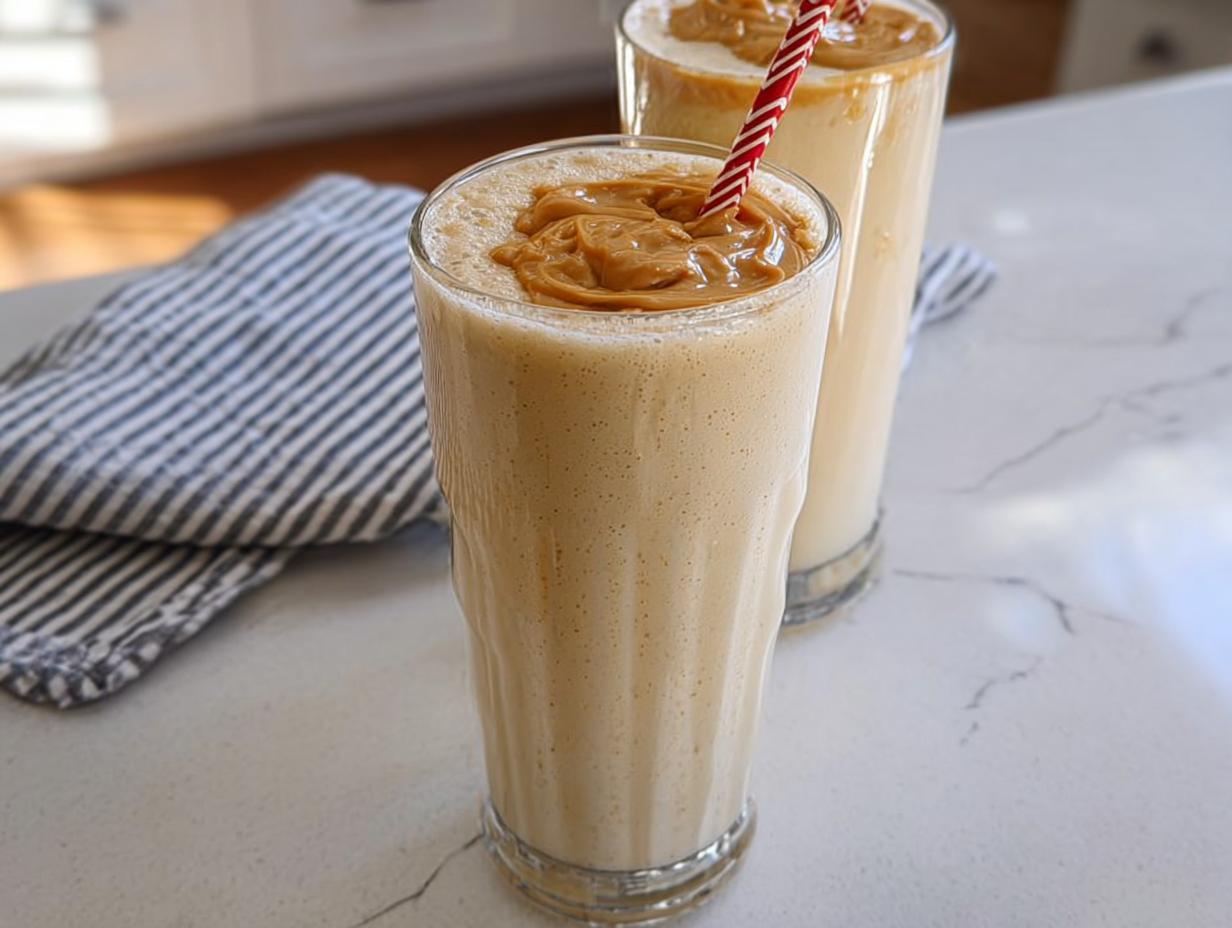 Two tall glasses filled with creamy peanut butter smoothies, topped with a dollop of peanut butter and a striped straw. A perfect beginner breakfast idea.