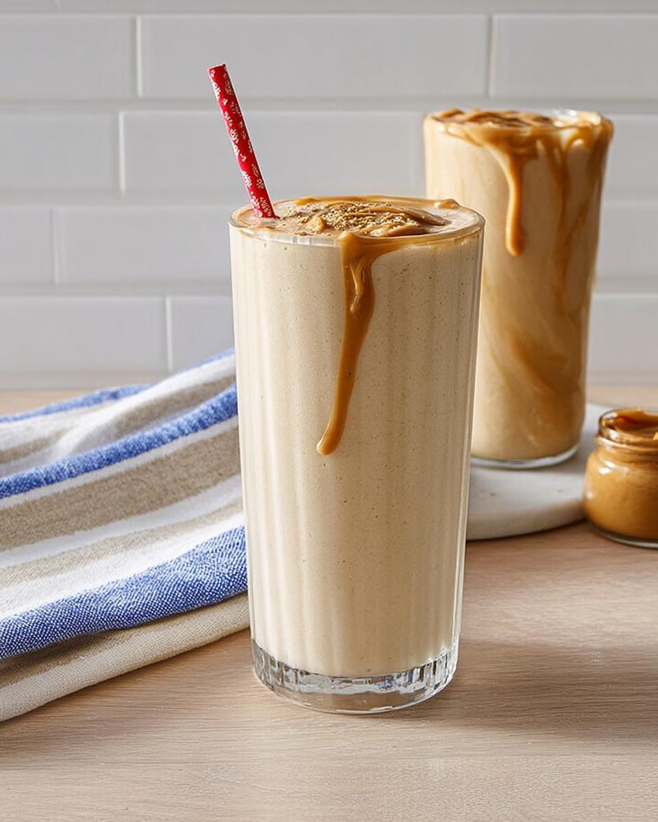 A tall glass of peanut butter smoothie, drizzled with peanut butter and topped with a red straw. Part of beginner breakfast ideas recipes.