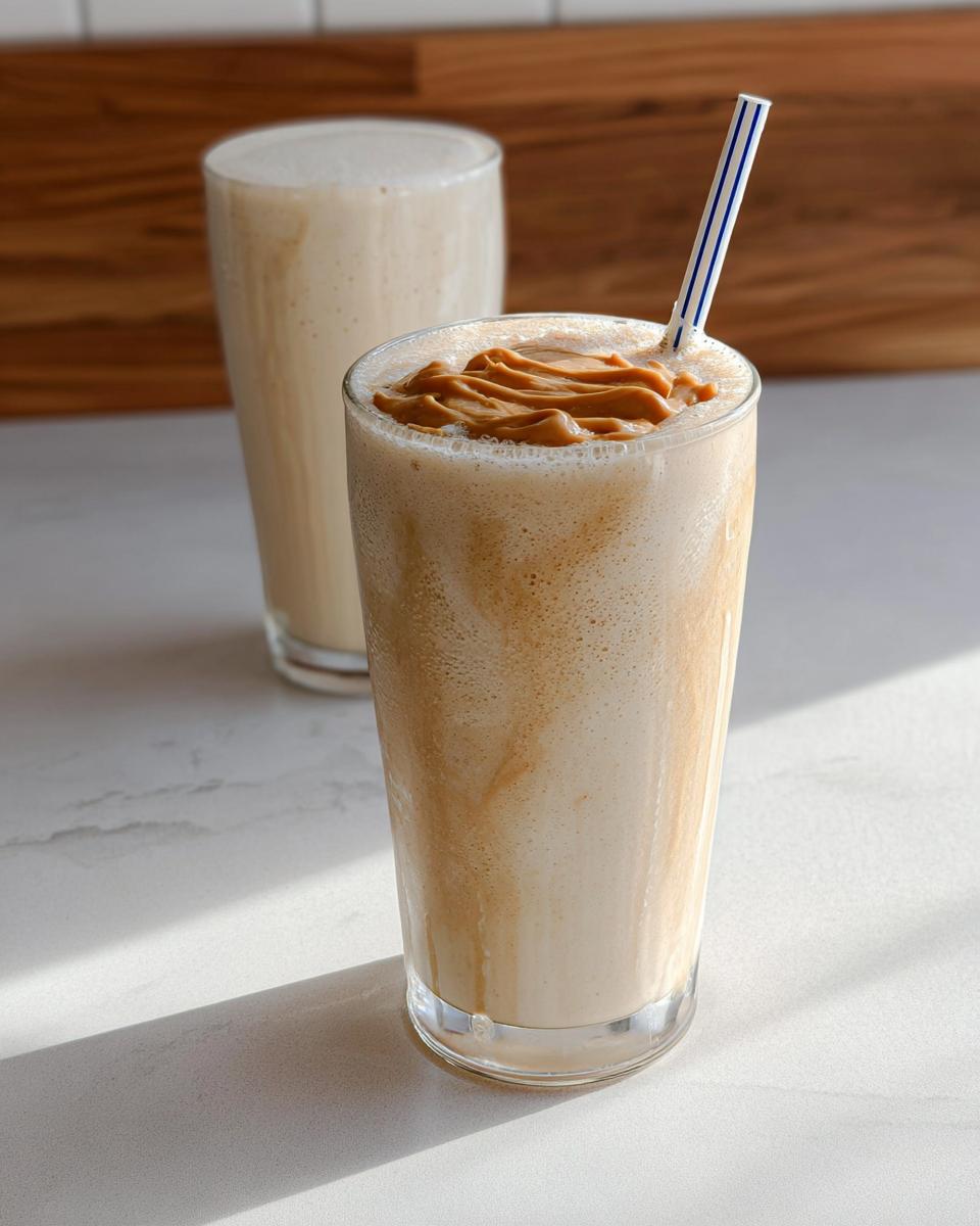 A refreshing peanut butter smoothie, one of the best breakfast ideas for beginners, topped with a swirl of peanut butter and a striped straw.
