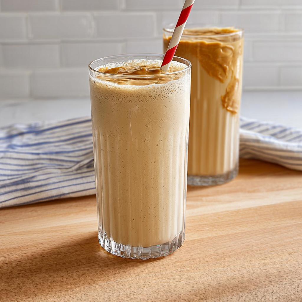Two tall glasses of creamy peanut butter smoothies, one with a red and white striped straw, as part of The Ultimate Breakfast Ideas Recipes Guide for Beginners.