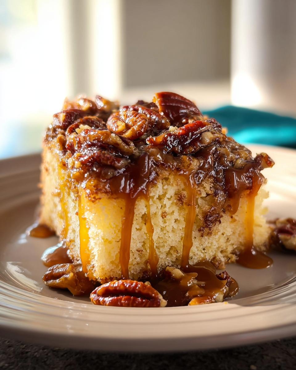 A slice of pecan caramel cake, drizzled with caramel sauce and topped with toasted pecans.