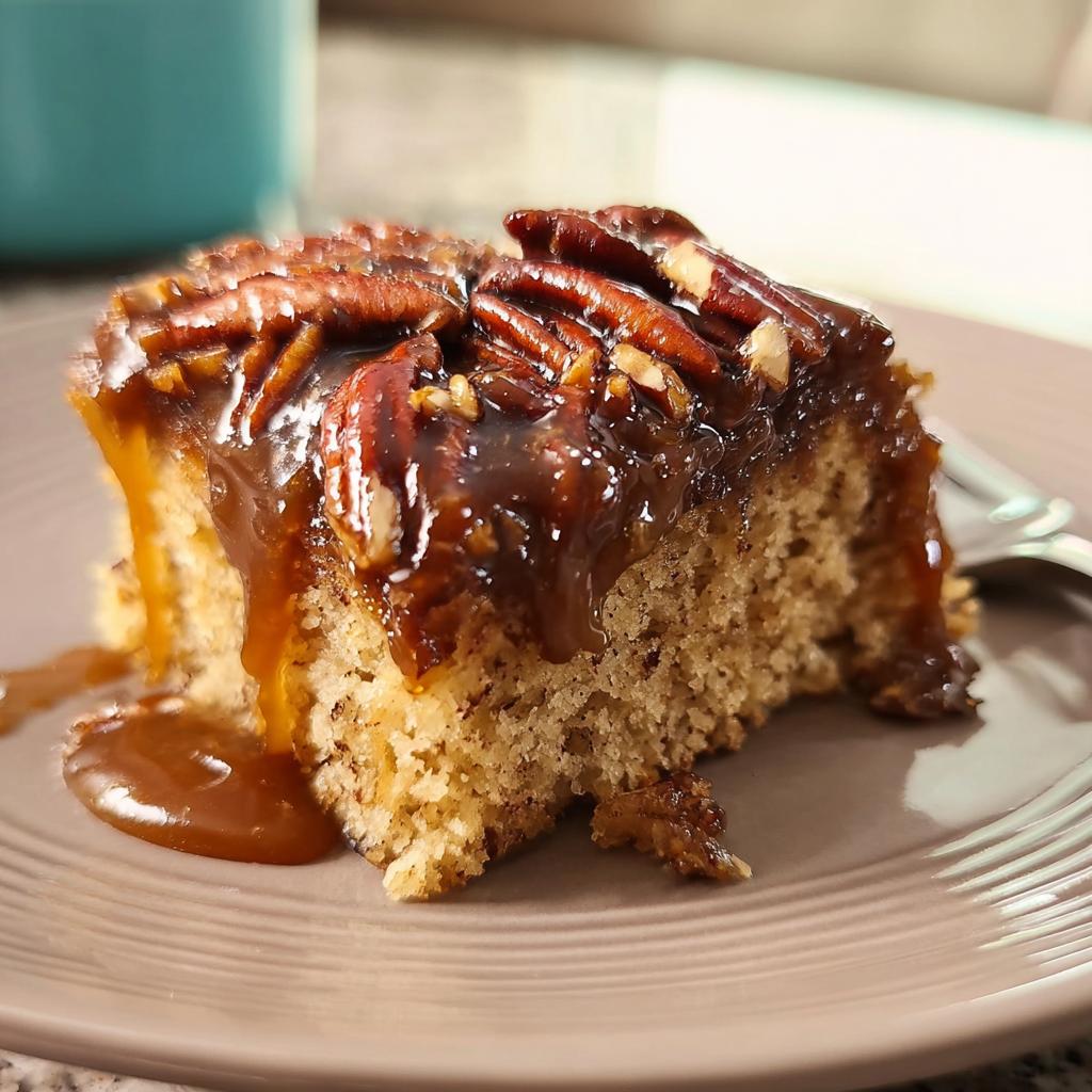 A slice of pecan caramel cake, topped with glossy caramel sauce and whole pecans, from the 15 Genius Cake Ideas Recipes.