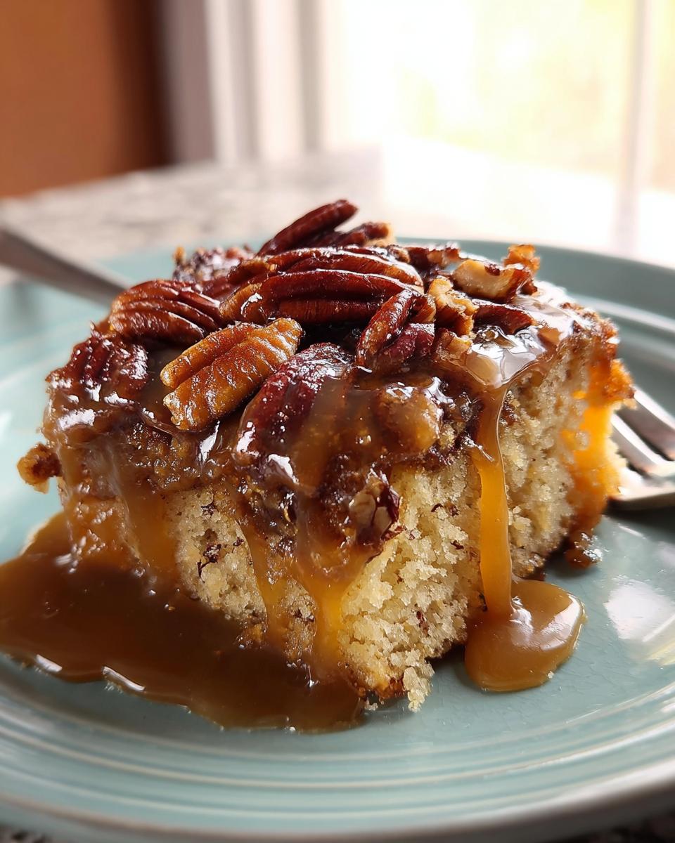 A slice of moist cake topped with pecans and drizzled with caramel sauce, one of 15 genius cake ideas recipes.