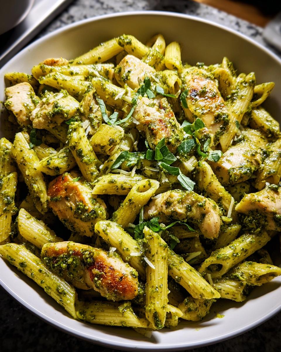 A bowl of penne pasta tossed with pesto sauce and pieces of grilled chicken, a perfect chicken recipe.