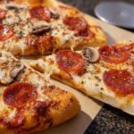 Close-up of a delicious pepperoni and mushroom pizza slice, perfect for pizza night recipes.