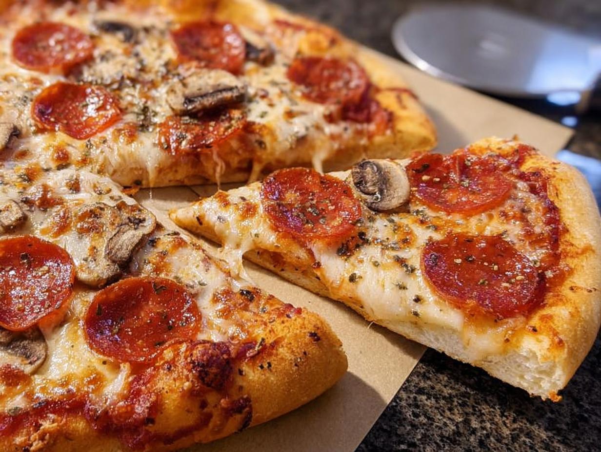 Close-up of a delicious pepperoni and mushroom pizza slice, perfect for pizza night recipes.
