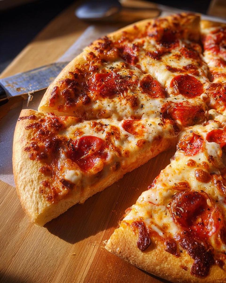 Close-up of a freshly baked pepperoni pizza, sliced and ready for pizza night, with melted cheese and crispy crust.