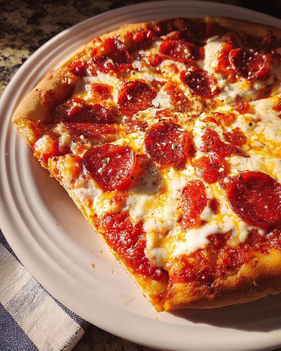 Close-up of a delicious pepperoni pizza slice on a plate, perfect for pizza night recipes.