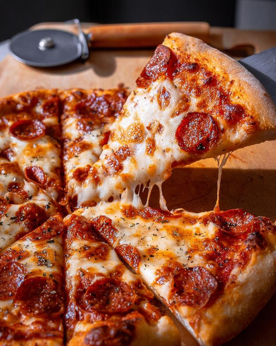 A slice of pepperoni pizza is lifted, showing strings of melted cheese, as part of 12 Genius Pizza Night Recipes.