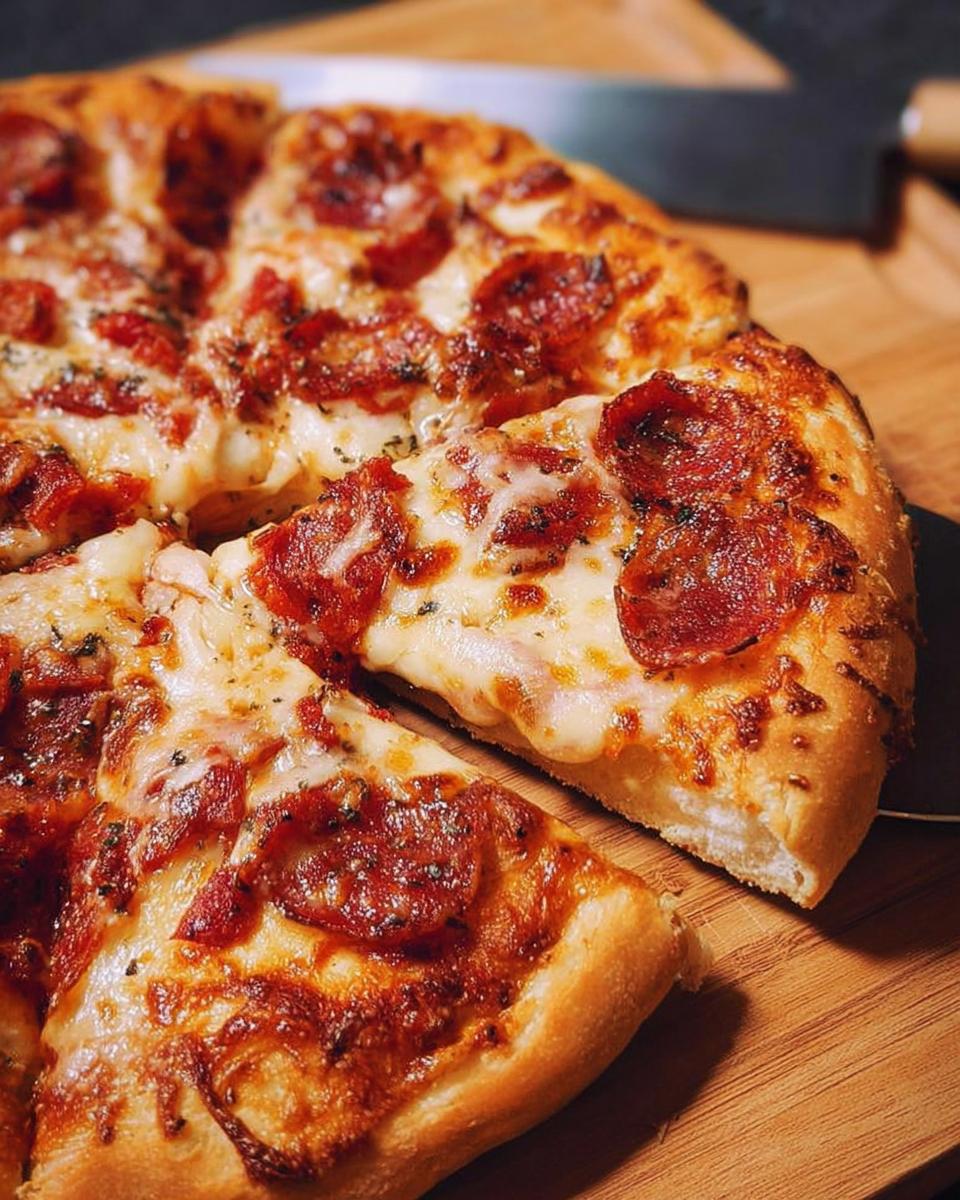 A close-up of a freshly baked pepperoni pizza slice being lifted, showing melted cheese and crispy pepperoni.