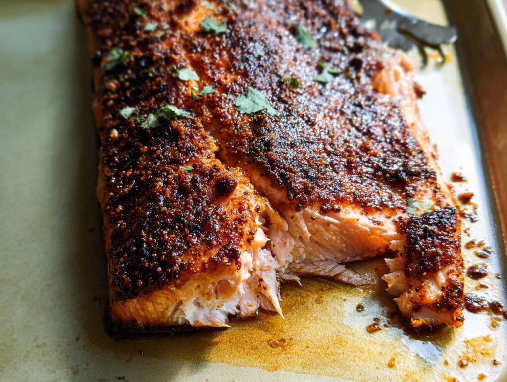 Close-up of a perfectly cooked salmon fillet with a seasoned crust, ready for a delicious salmon recipe.