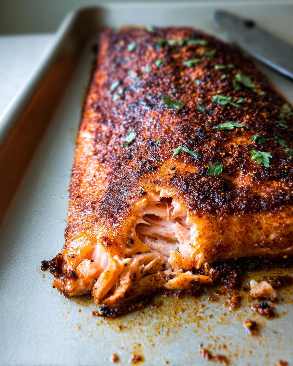 A close-up of a perfectly cooked salmon fillet with a crispy, seasoned crust, ready to be served.