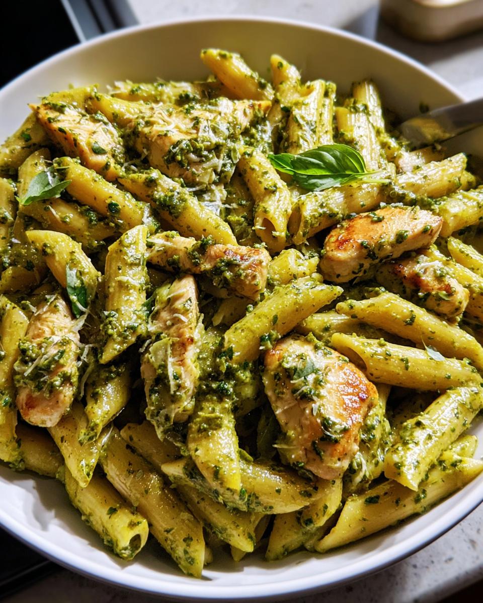 A close-up of penne pasta with grilled chicken pieces tossed in a vibrant green pesto sauce, a perfect chicken recipe.