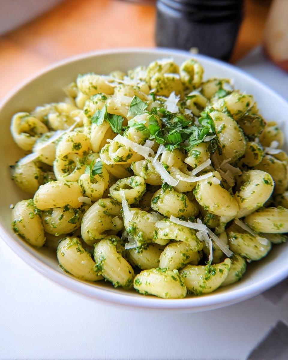 A bowl of delicious pesto pasta, topped with fresh herbs and grated cheese. Perfect for quick pasta recipes.
