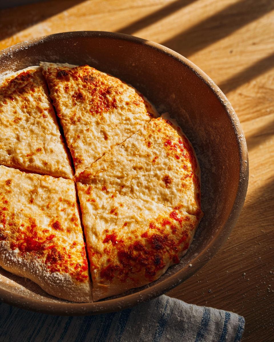 A golden-brown, cheesy pizza cut into four slices, presented in a rustic bowl, perfect for pizza night recipes.