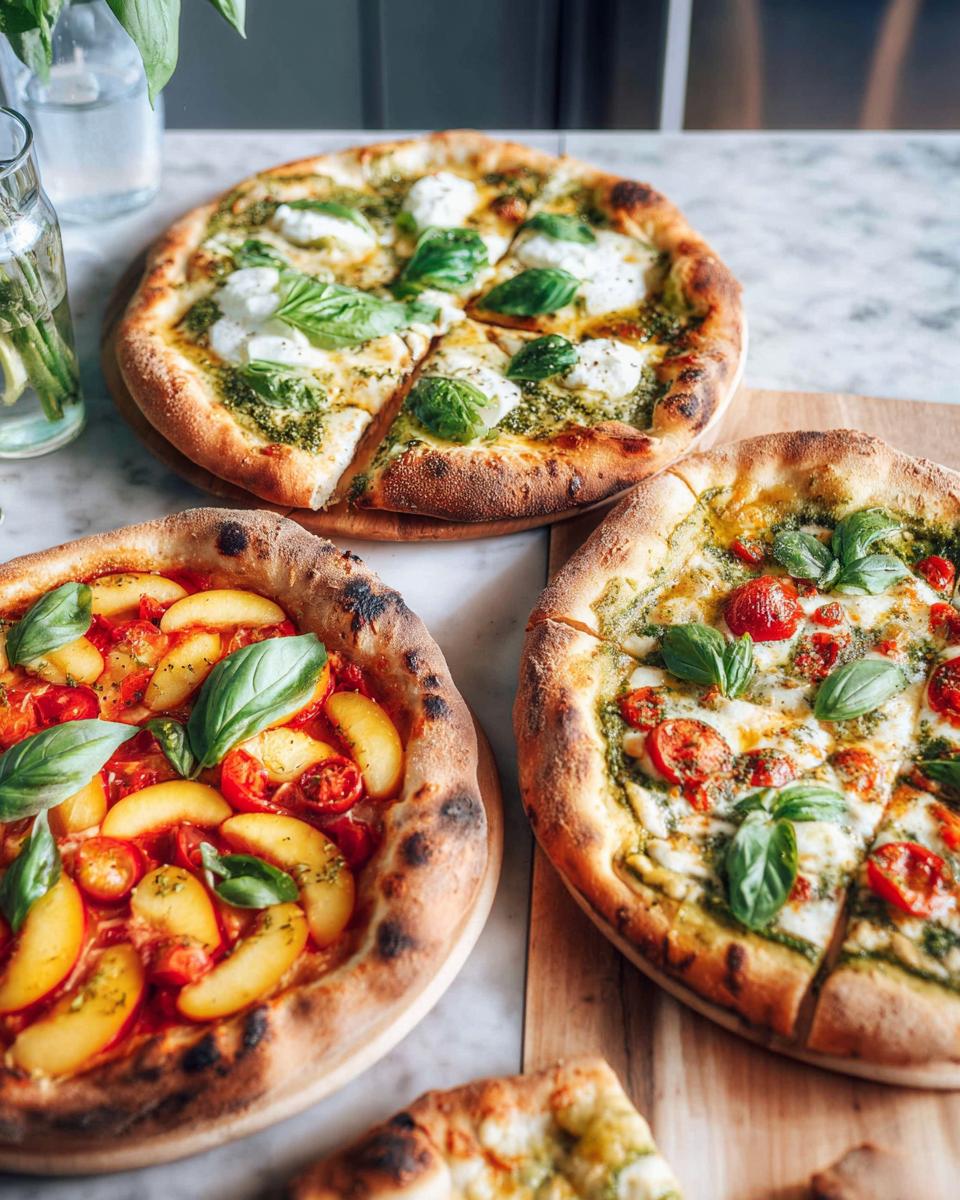 Three artisanal pizzas with fresh toppings like basil, mozzarella, tomatoes, and peaches, perfect for pizza night recipes.