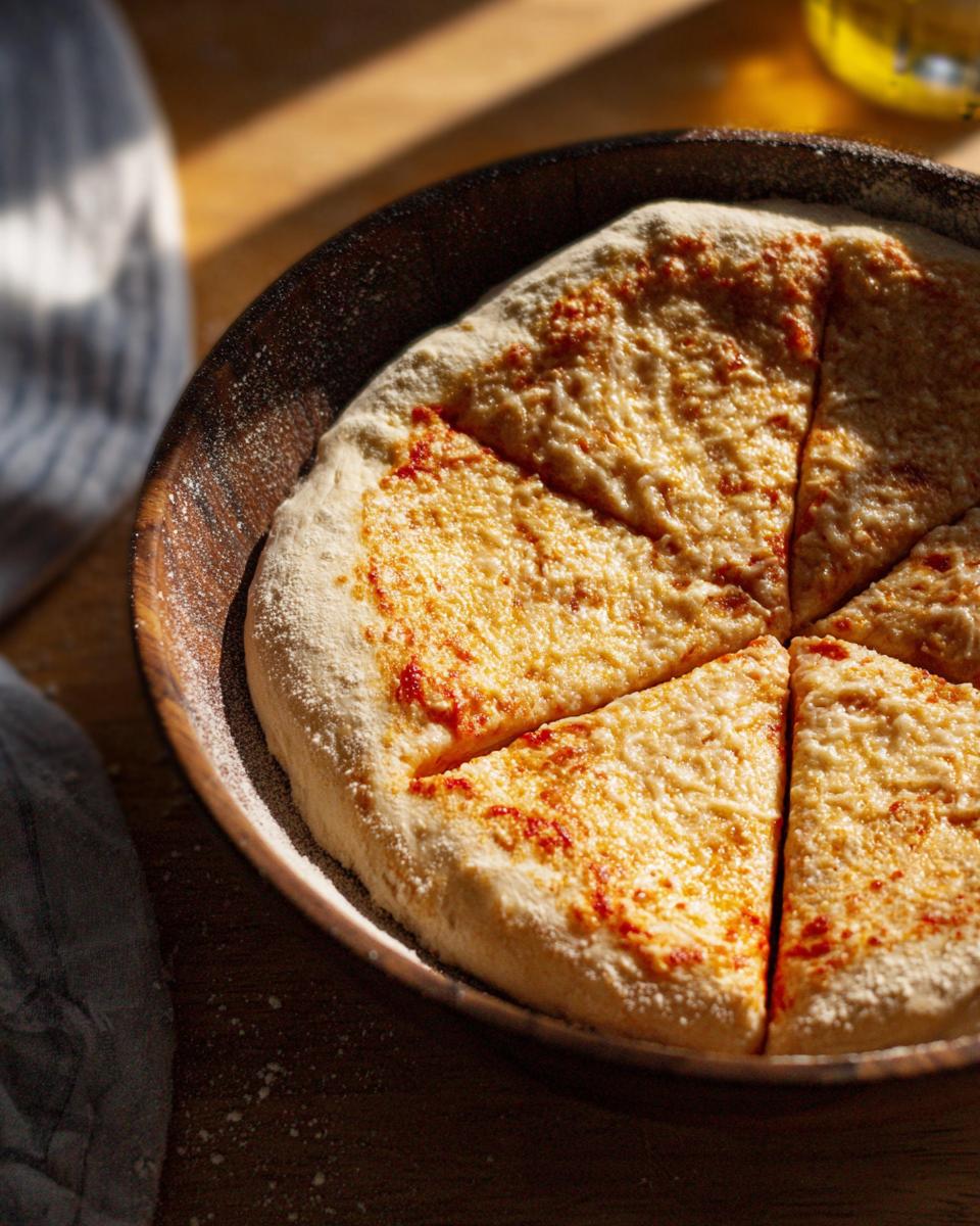 A freshly baked cheese pizza, sliced and ready for Pizza Night Recipes, in a rustic wooden bowl.