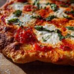 Close-up of a freshly baked pizza with melted mozzarella, tomato sauce, and fresh basil leaves, perfect for Pizza Night Recipes.