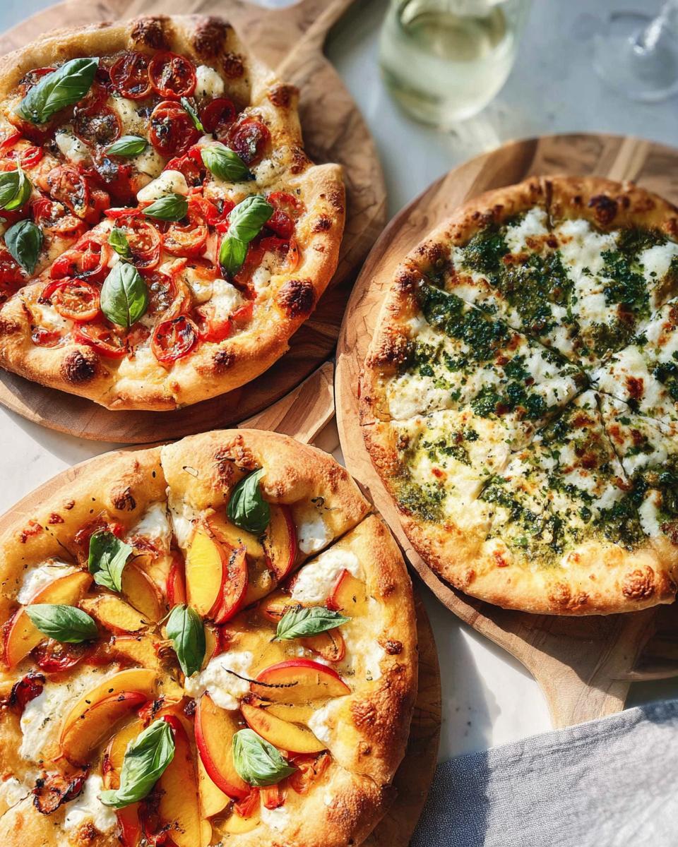 Three gourmet pizzas for pizza night recipes: Margherita with tomatoes and basil, Pesto pizza, and a unique Peach and ricotta pizza.
