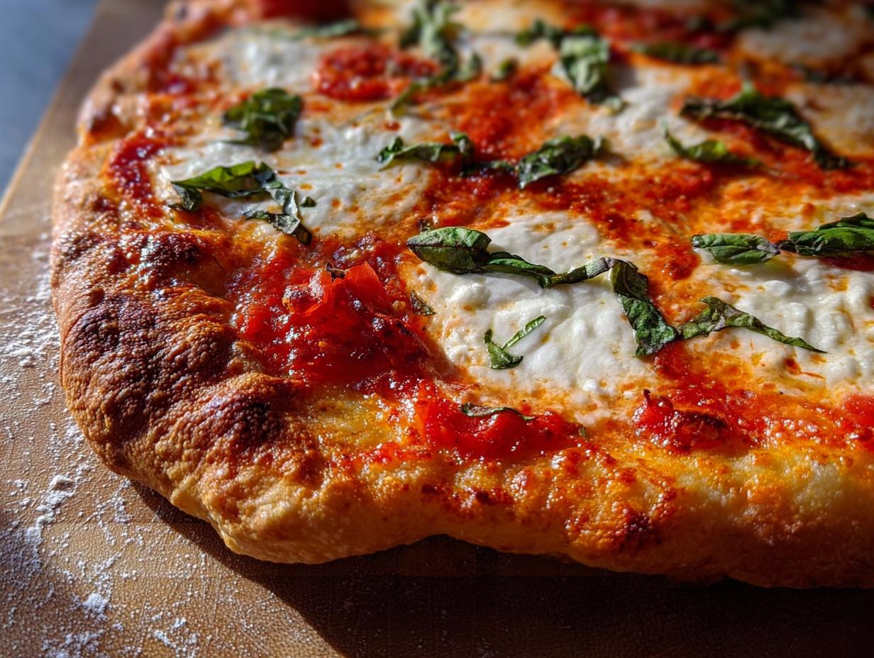 Close-up of a freshly baked pizza with melted mozzarella, tomato sauce, and fresh basil leaves, perfect for Pizza Night Recipes.