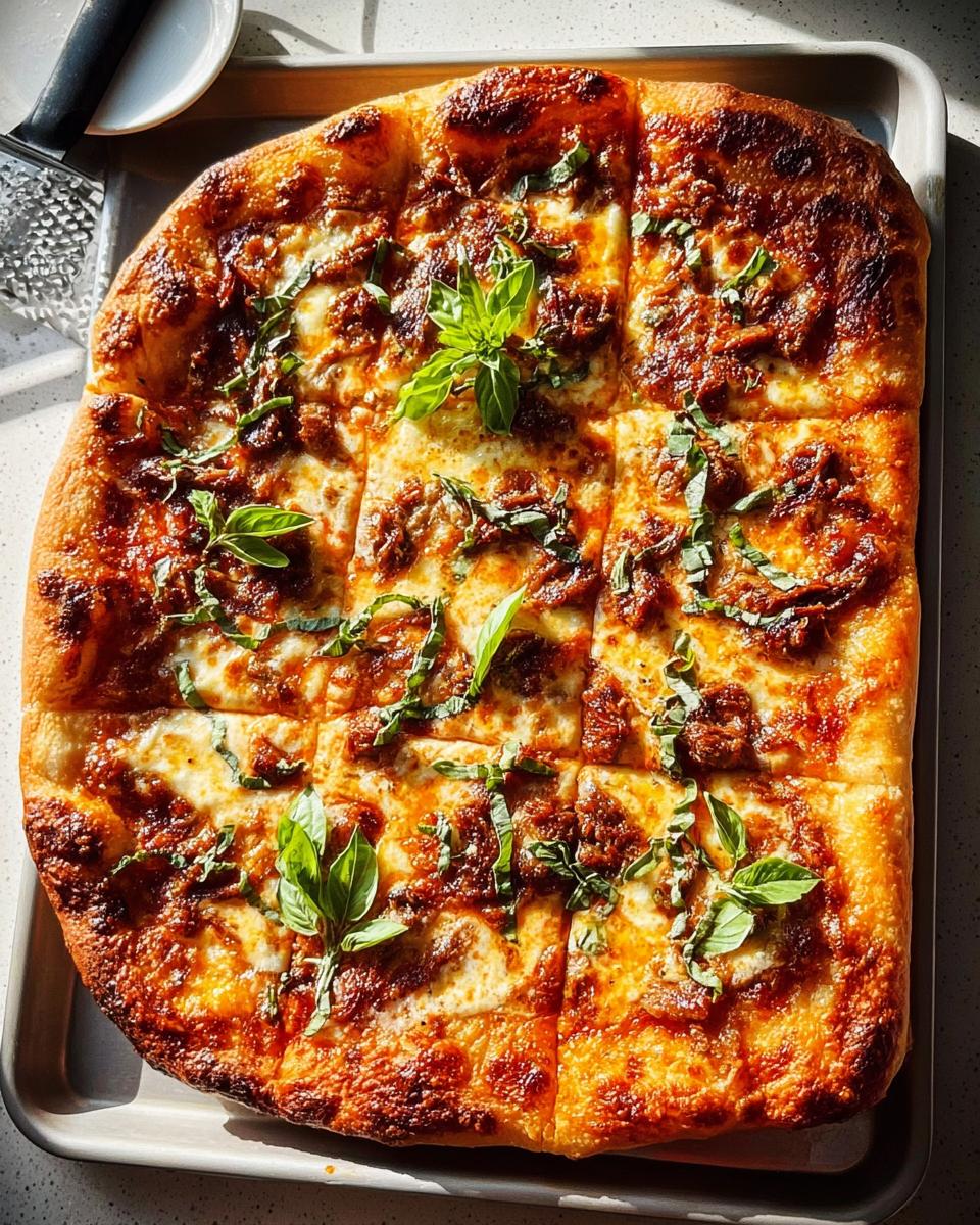 A freshly baked pizza with a rich meat topping, melted cheese, and fresh basil, perfect for quick Pizza Night Recipes.