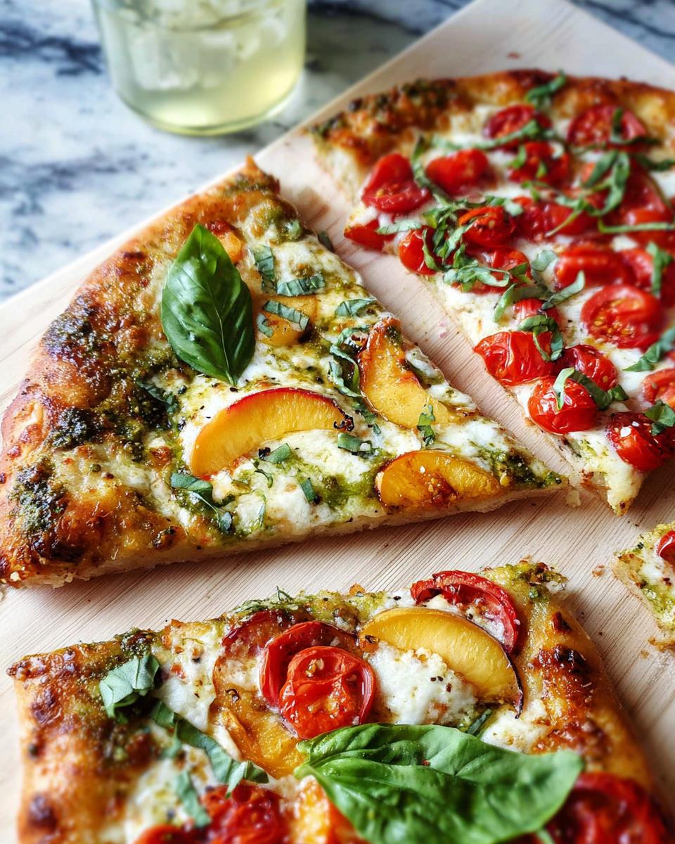 Close-up of gourmet pizza slices with pesto, peaches, cherry tomatoes, and fresh basil, perfect for pizza night recipes.