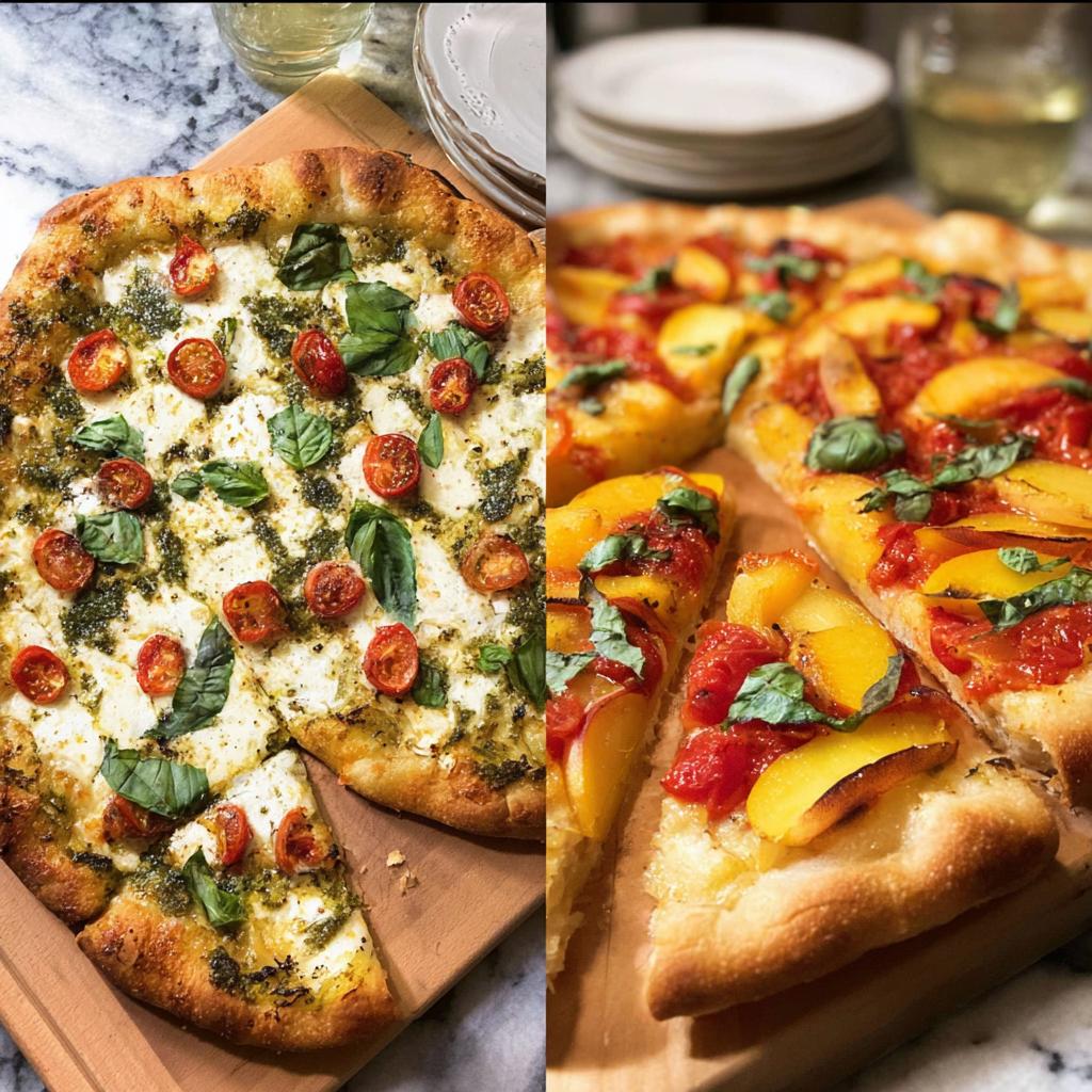Two delicious pizzas: one with pesto, mozzarella, cherry tomatoes, and basil; the other with peaches, tomatoes, and basil.