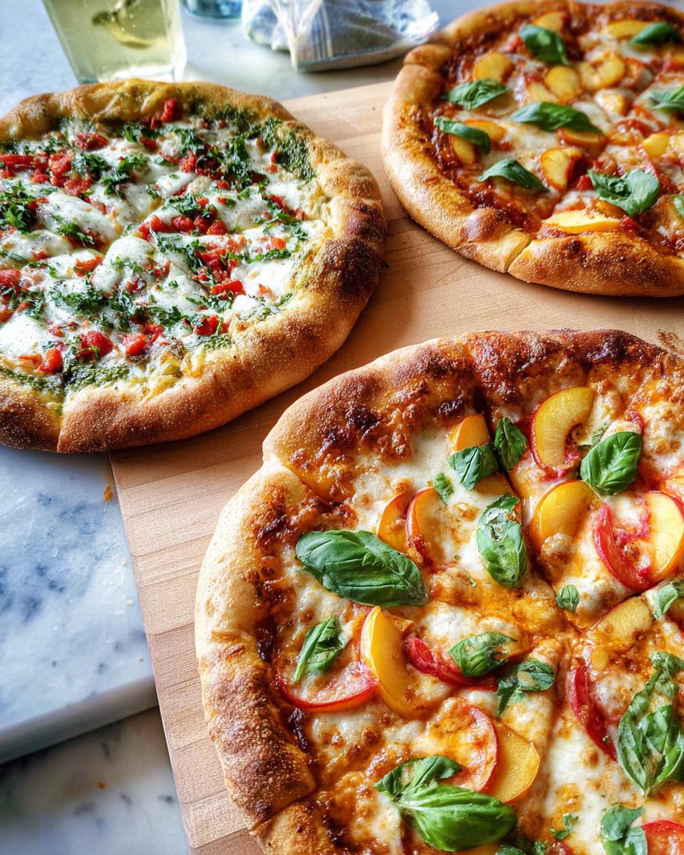 Three delicious pizzas, including a pesto pizza and two fruit pizzas, ready for pizza night.